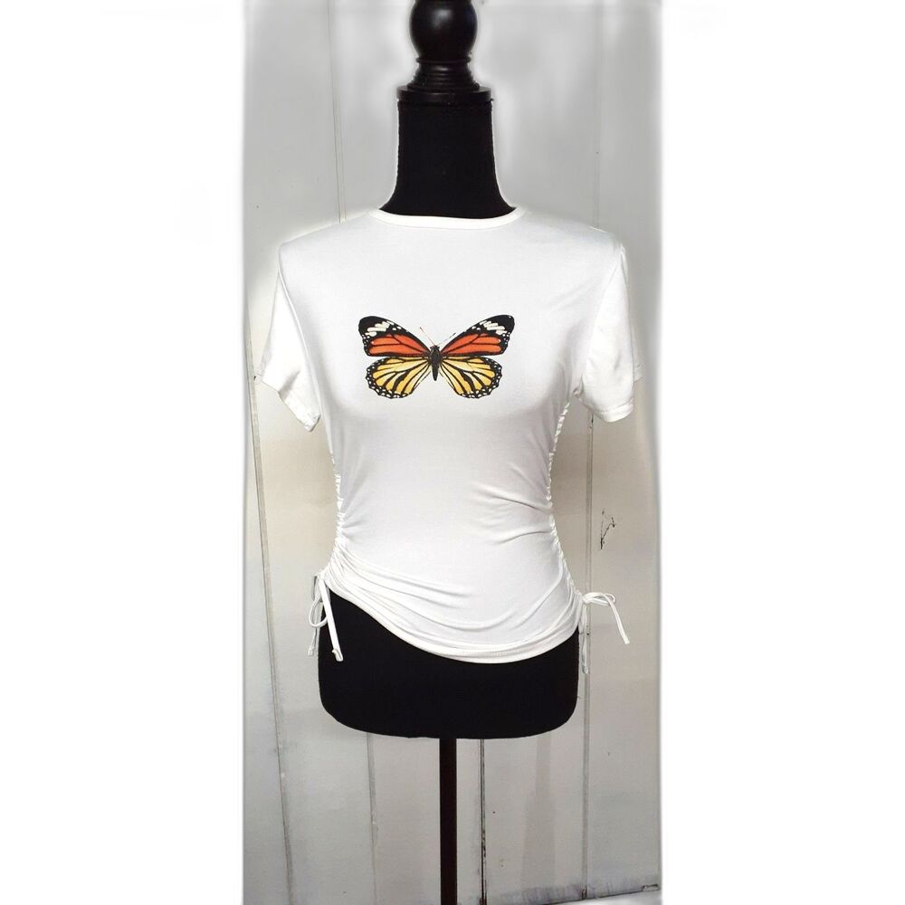 Love Streak Women's White Butterfly Ruched Side Tie Top Size S # 388